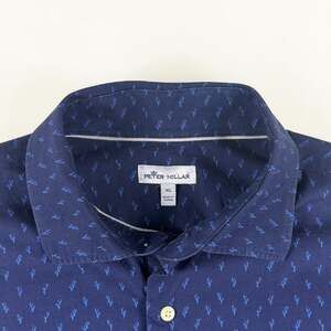 Peter Millar Shirt Mens XL Navy Blue Coral Print Short Sleeve Stretch Button Up